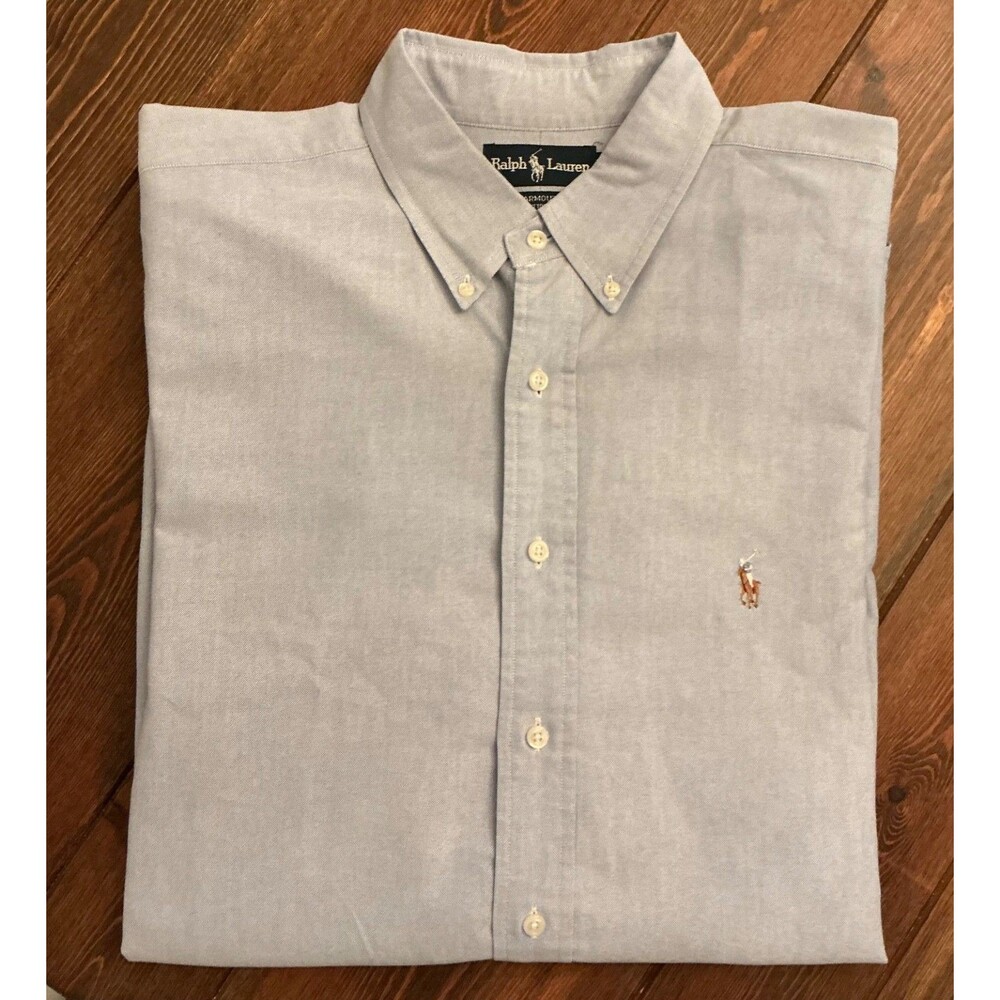 Ralph Lauren Mens Button Down Shirt Yarmouth 17.5 34 Blue Pinpoint Oxford Cotton